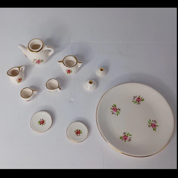 Porcelain Miniture Tea Set with Plate, Teapot, Creamer, Sugar Dish, and 2 Cups - Picture 6 of 6